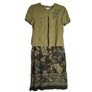 Madison Leigh Dress Womens 12P Green Brown Paisley Embroidered Jacket Set Linen
